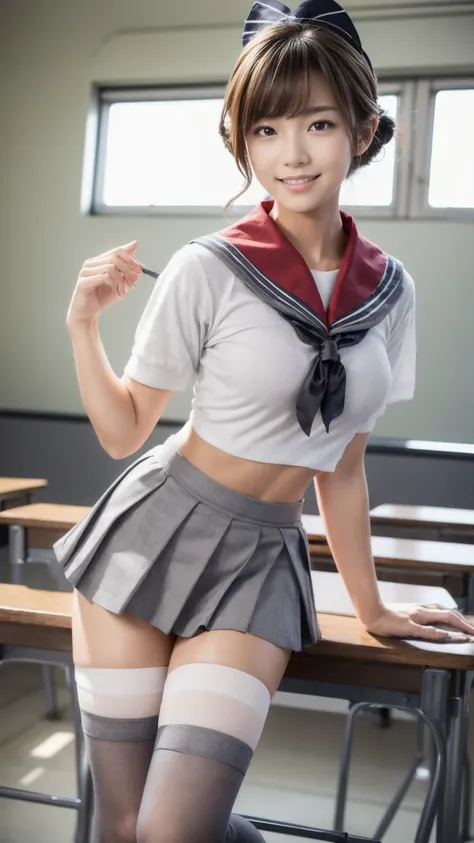 Masterpiece,Product quality,One young beautiful Japanese woman, Pin-up Model, smiling, medium height,(well-proportion:1.5), female student.
Front view,(Cowboy shot),(composition emphasizing thighs:1.4),(shot from below:1.4).
Daytime,(high school classroom:...