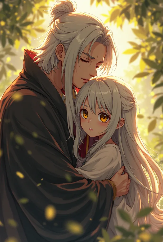 Make an image of the character Gojo Satoru hugging a girl, Your daughter with long white hair and yellow eyes,  as if it were in real life 