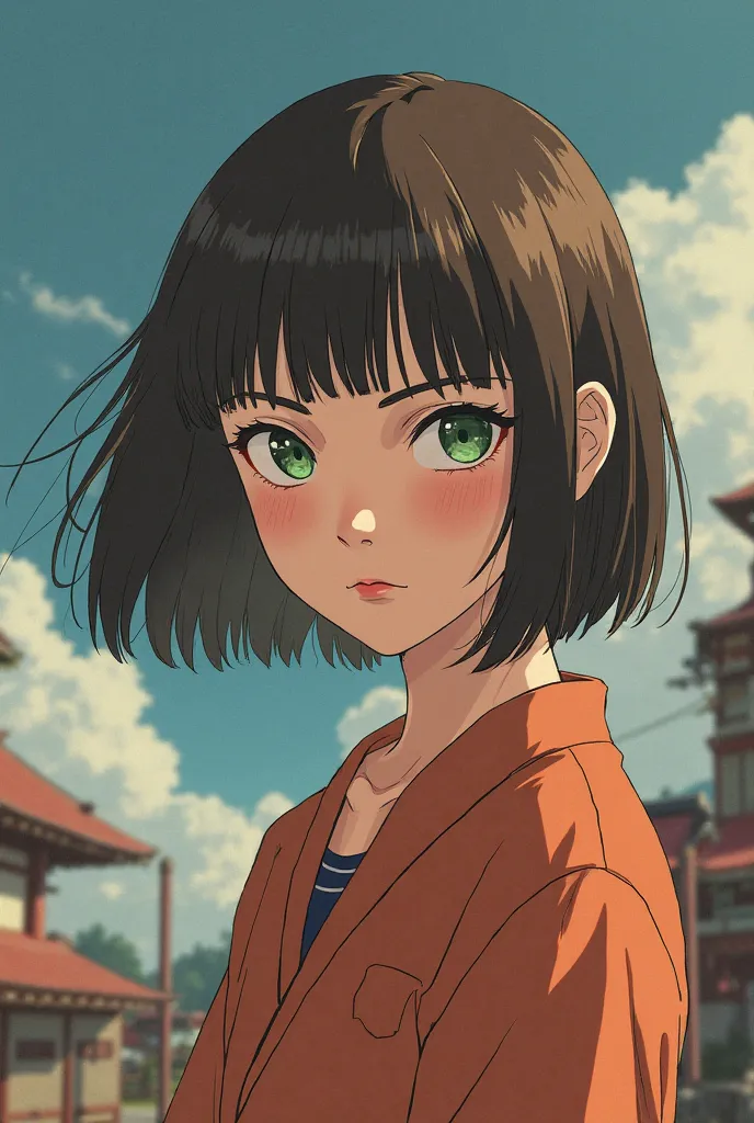 Create a girl with short brown hair with bangs and green eyes, Give him a serious expression and use the Naruto anime style