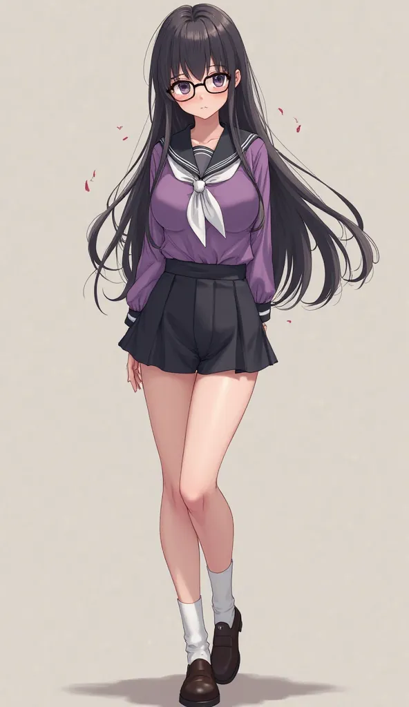 1 girl, Japanese Girl、long hair, big breasts,  girls with glasses 　purple short sleeve sailor suit　black hi-legged racing bloomer　white tri-fold socks　loafers　 full body image