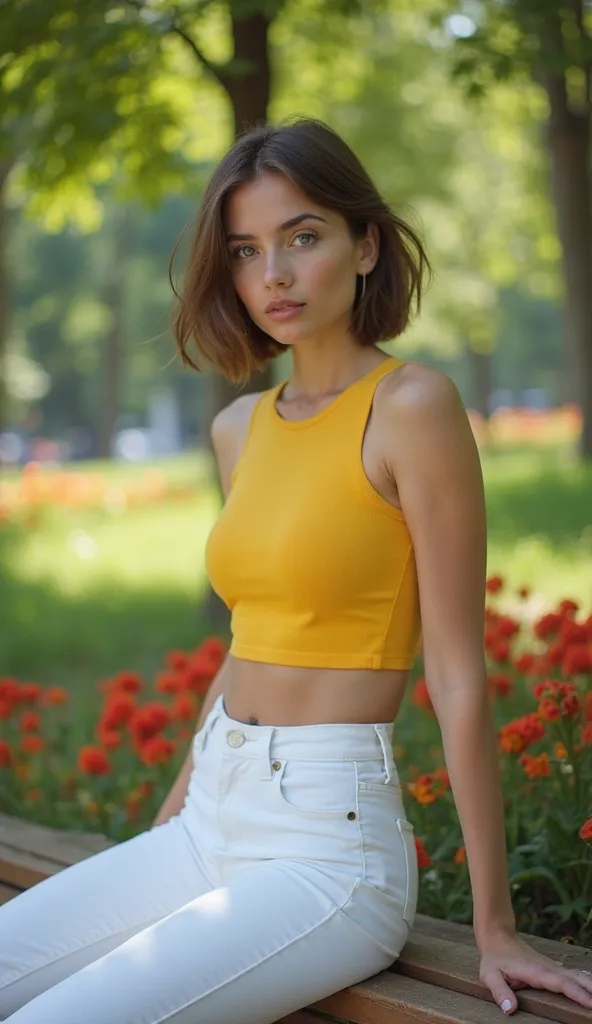 stunning young woman with a short, boyish brown hairstyle and piercing blue eyes, exuding confidence and elegance. She has flawless, naturally radiant skin and a calm yet captivating expression. She wears a stylish yellow crop top and well-fitted white jea...