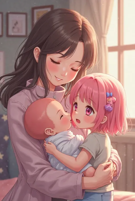 An adult woman and a girl with pink eyes and light pink hair happily holding a baby girl with light pink eyes and light pink hair anime