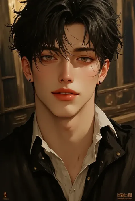 (masterpiece), (best quality), 1man, solo, male, middle part hair, black hair, dreamy eyes, smiles, (strong, well-defined, chiseled jawline), (prominent, slightly pointed chin),muscular, modern student, modern uniform, arrogant, confident, playful, unbothe...