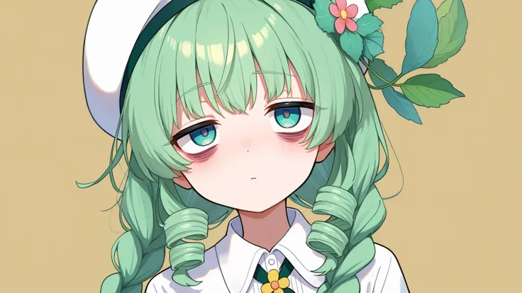 1 Girl, (Eye bags:1.5), mint green hair,  double drill_braid,  white beret ,  white shirt, Flower tie