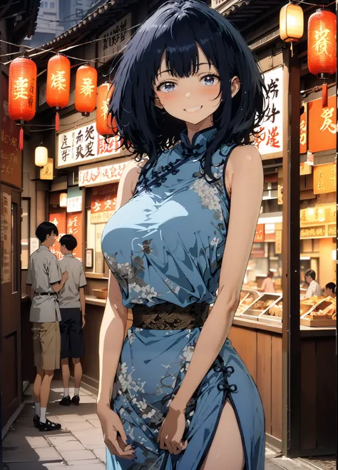 score_9, score_8_up, score_7_up,  source_anime, Anayanami ,  medium hair, blue eyes, stupid hair,  Lantern, medium chest, skirt,  shirt, Big Breasts,Blue sleeveless Chinese clothes,Long slit,pin heels,standing,Put your hands on your lower back,smile,blush,...
