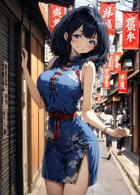 score_9, score_8_up, score_7_up,  source_anime, Anayanami ,  medium hair, blue eyes, stupid hair,  Lantern, medium chest, skirt,  shirt, Big Breasts,Blue sleeveless Chinese clothes,Long slit,pin heels,standing,Put your hands on your lower back,smile,blush,...