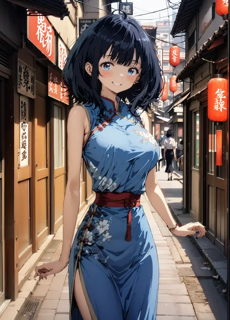 score_9, score_8_up, score_7_up,  source_anime, Anayanami ,  medium hair, blue eyes, stupid hair,  Lantern, medium chest, skirt,  shirt, Big Breasts,Blue sleeveless Chinese clothes,Long slit,pin heels,standing,Put your hands on your lower back,smile,blush,...