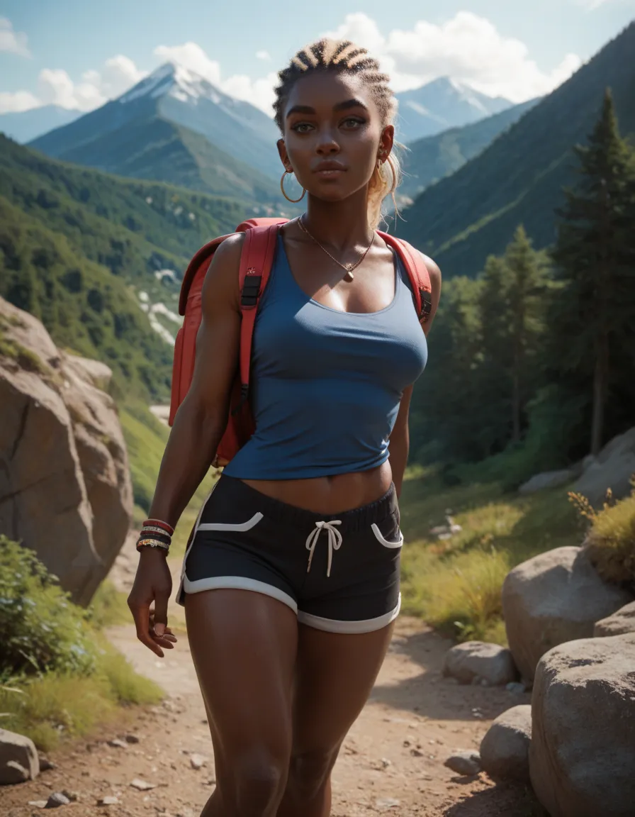 Black African woman with blonde woman, hiking between mountains, wearing tank top with shorts and backpack