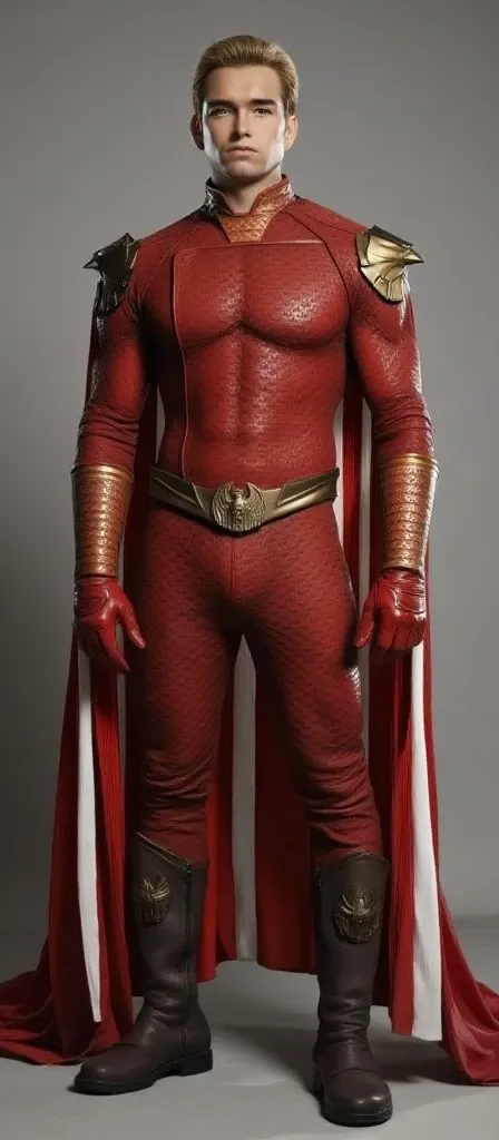 Full body photorealistic shots of handsome hunky slender Homelander. Wearing a very tight fit bulging leather spandex costume with red boots. Bronze cuffs and belt.. red and white stripes cape