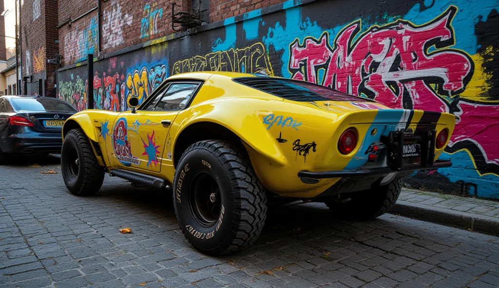 a realistic of ((((neon color yellow,gold,blue)) ((off-road sport car)))), ((distance view background, distance view background))(background, background ((black wall background, dimming graffity colorful patterns on wall, dimming graffity colorful accents ...