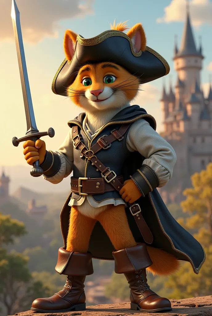  the cat in boots  , from the movie Sherk ,  smiling , with his musketeer hat on, with his sword in his right hand pointing upwards , against a background of a castle in the distance