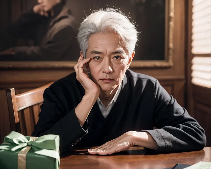 He sits at a wooden table，gestures vividly tell the story，wearing a black traditional costume，The silvery white hair is neatly combed。The background is elegant dark gray，Confident and contagious，with confidence and contagious，seems to be explaining an impo...