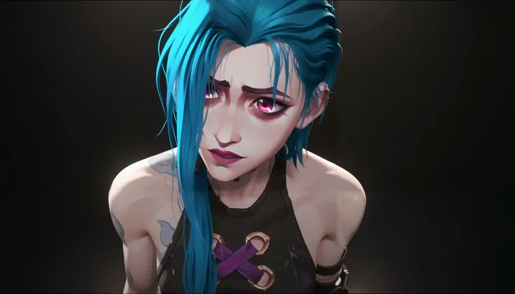 score_9, score_8_ upwards, score_7_ upwards, Jinx, very sexy, erotica,  woman with blue hair and black top,  facing the viewer, голая  chest, erotica, (top view:1.2.), (( chest: 1.2)), (( facing the viewer : 1.2.)), ((keeps his hands on his chest : 1.2.), ...