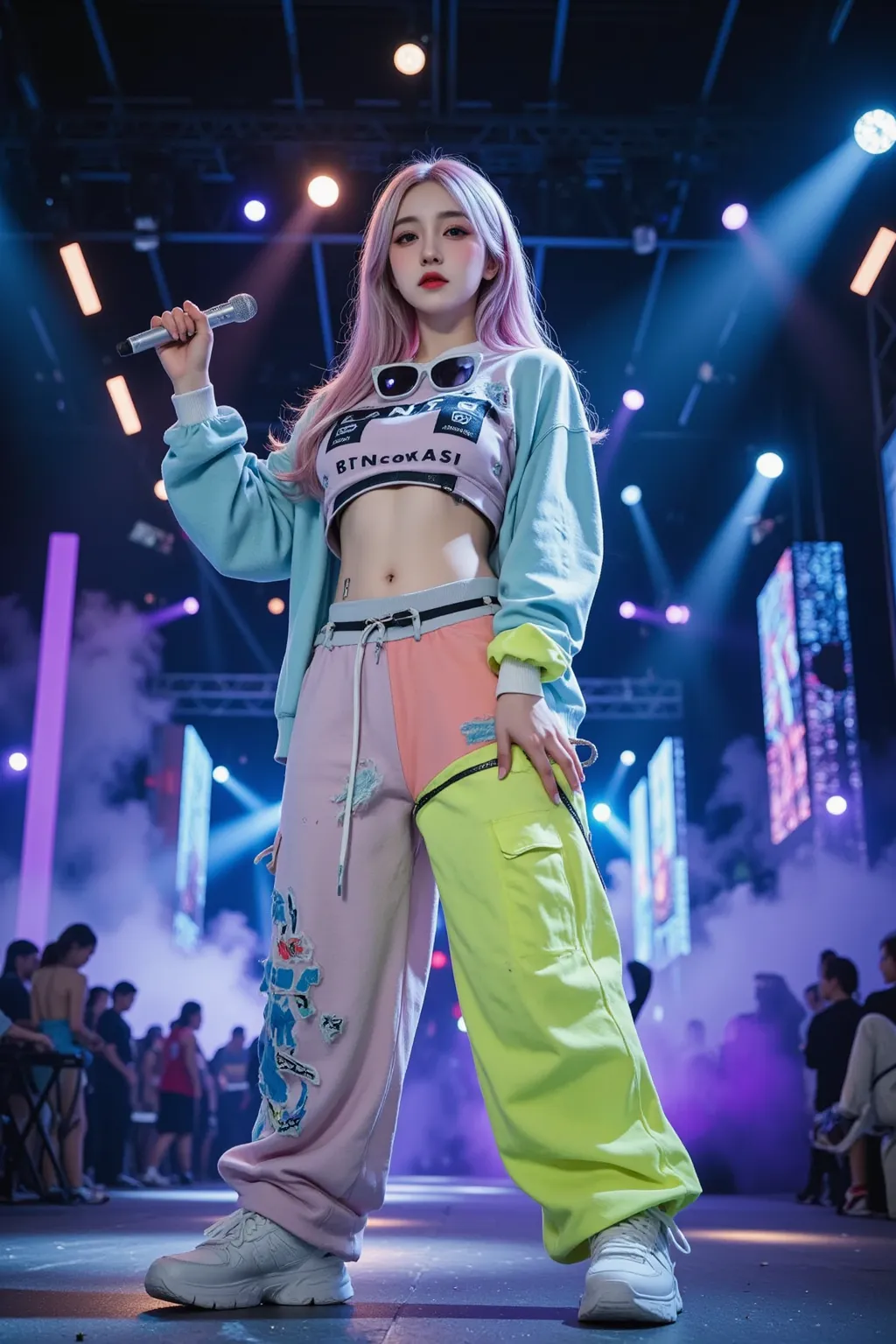 A breathtakingly beautiful young woman commands the massive live stage, surrounded by vibrant neon lights, LED panels, and dynamic spotlights. She exudes the charisma of a top-tier K-pop idol, striking a powerful and expressive dance pose, holding a sleek,...