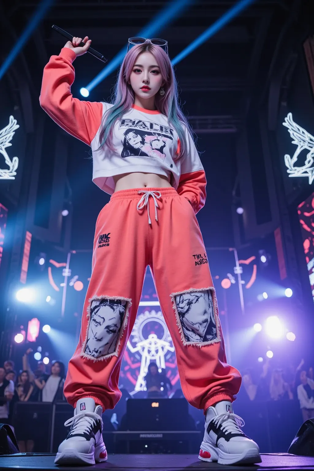 A breathtakingly beautiful young woman commands the massive live stage, surrounded by vibrant neon lights, LED panels, and dynamic spotlights. She exudes the charisma of a top-tier K-pop idol, striking a powerful and expressive dance pose, holding a sleek,...