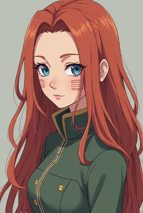 Create an adult woman with long, loose red hair,  blue-eyed hair, having the traces on the cheeks of a Uzumaki, wearing the uniform of a Shinobi from Folha Village, with the line and cartoon from the anime Naruto. Based on the character Kushina Uzumaki for...