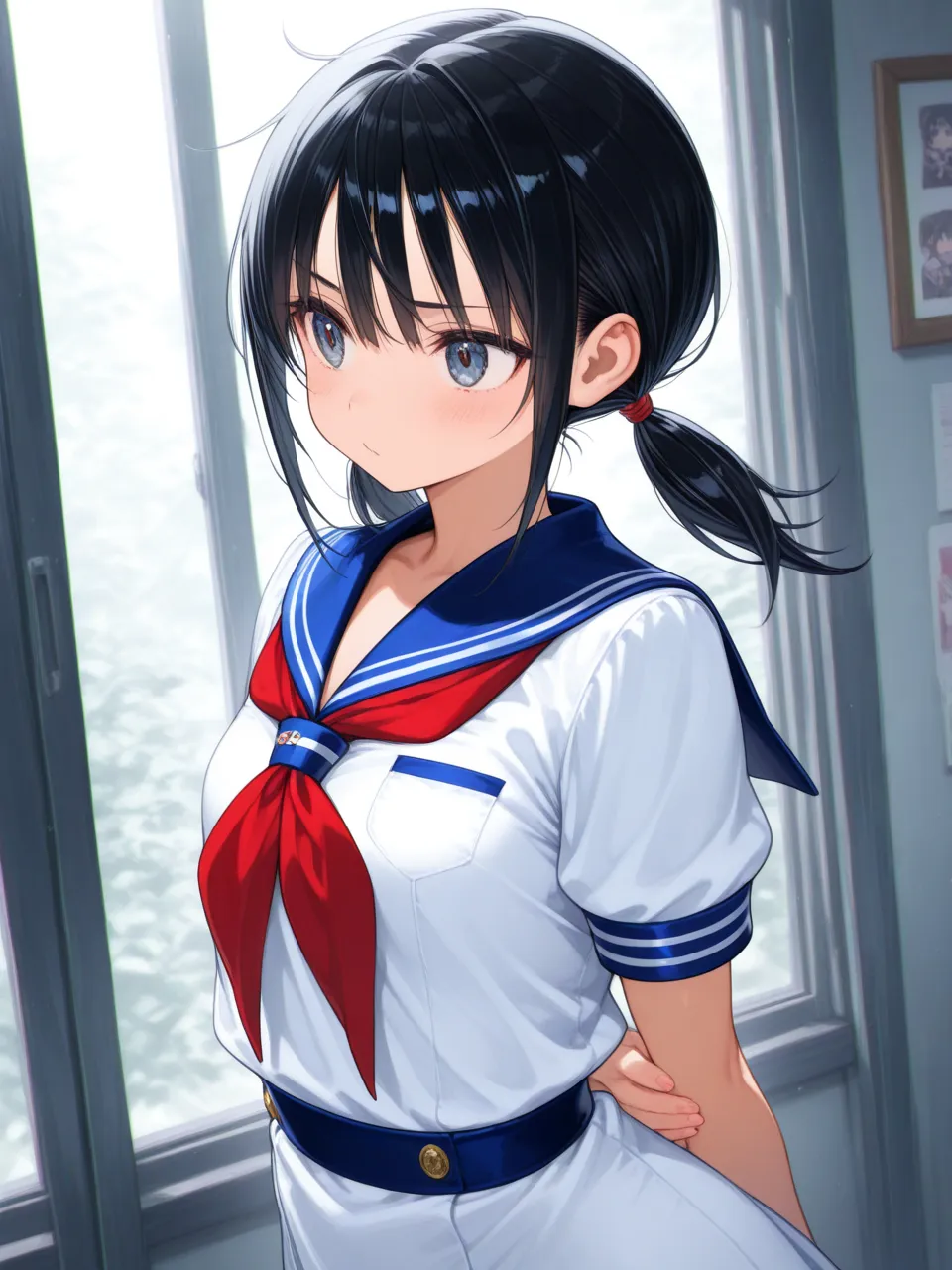  pigtails（low ponytail）、sailor suit、 black hair、Up to the waist