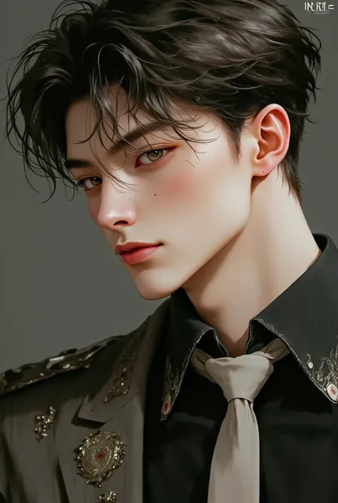 (masterpiece), (best quality), 1man, solo, male, middle part hair, black hair, dreamy eyes, smiles, (strong, well-defined, chiseled jawline), (prominent, slightly pointed chin),muscular, modern student, modern uniform, arrogant, confident, playful, unbothe...