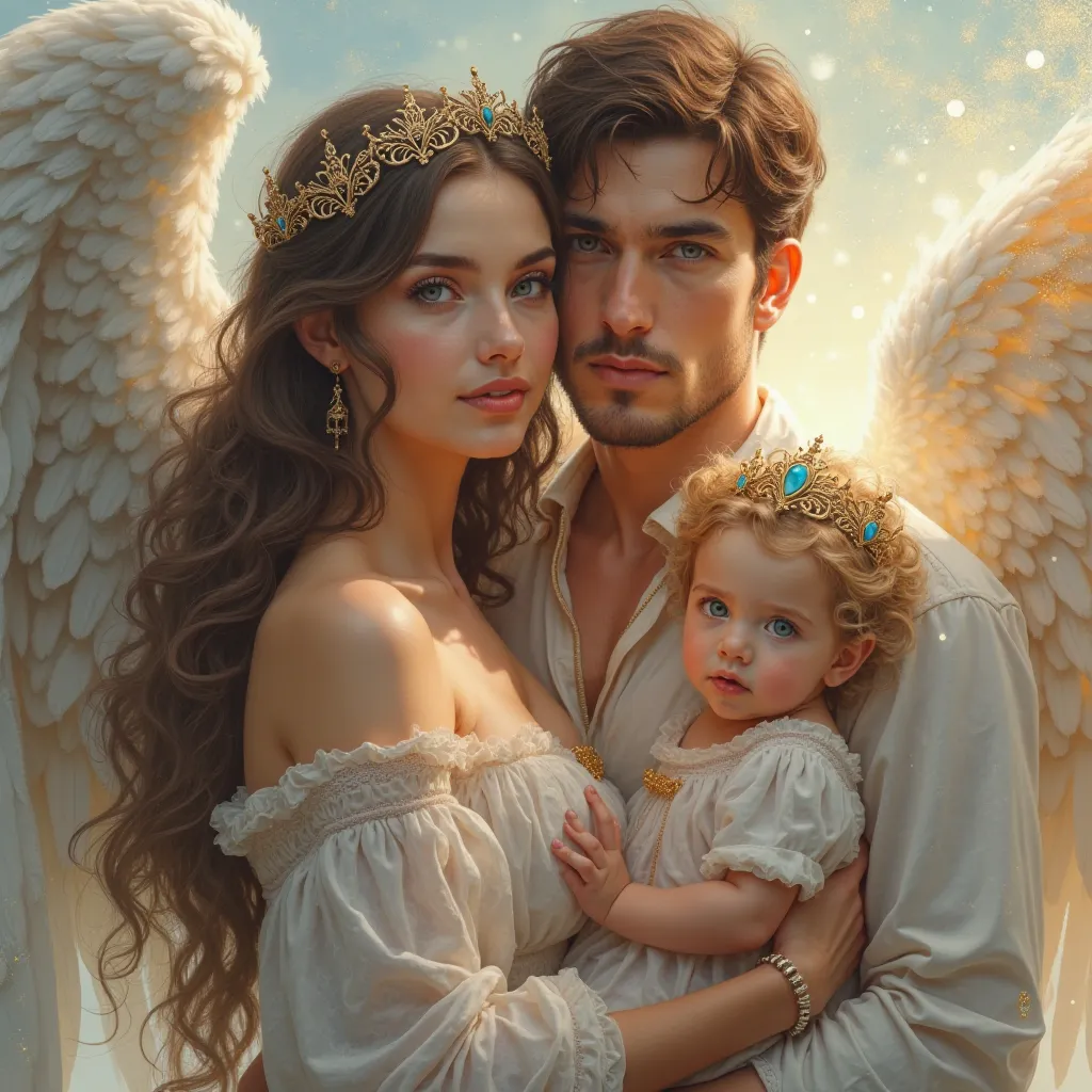 1 woman, Breasts,  long hair, blue eyes, brown hair, blonde hair, Highlighted Hair, Makeup, Crown, 1 man,brown hair, Cheveux Courts, ailes d’ange, couple avec une enfant ,Realism, 