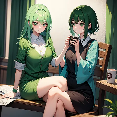 adult woman、Ladylike、 green hair 、 is quiet、 drinking tea