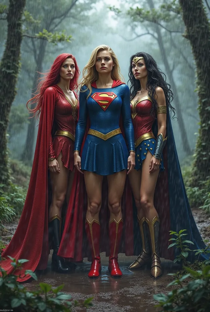 Scarlet sorceress in standard costume, supergirl in standard costume and Wonder Woman in standard costume, They are very cold and in a forest with a lot of rain while they cry