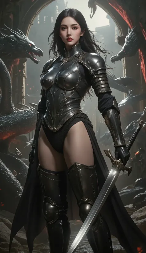 The image features a formidable female warrior, showcasing a strong and muscular physique beneath minimalistic armor. Her hair flows elegantly, framing her determined face, which bears an expression of confidence and ferocity. She is posed prominently in t...