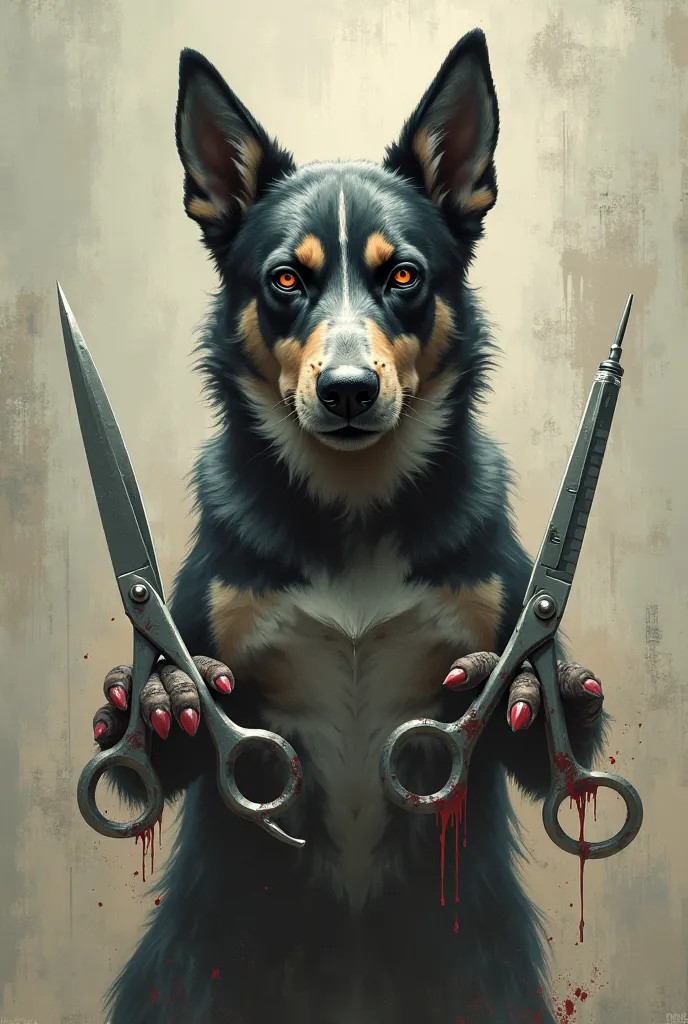 Draw a dog print, with a dog inside clutching scissors and a syringe