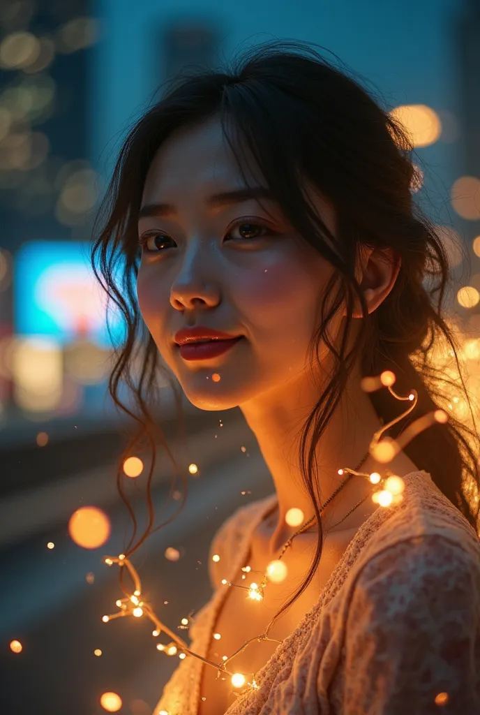 city light trails night view,woman smiling with teary eyes,soft golden backlight,hope-filled expression,4K ultra detailed