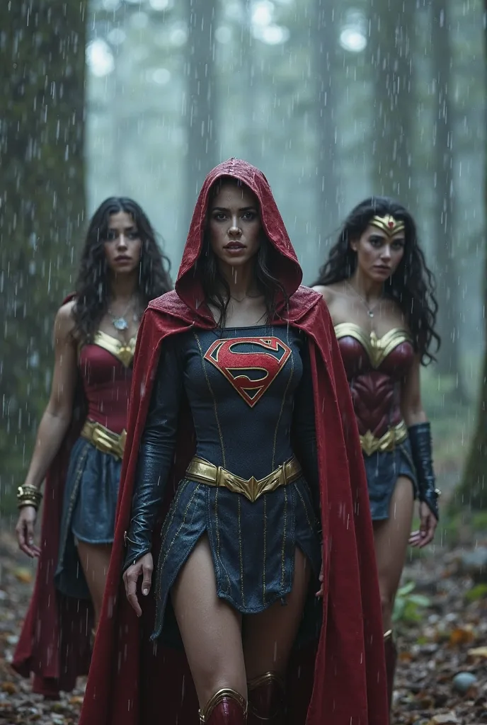 Scarlet sorceress in standard costume, supergirl in standard costume and Wonder Woman in standard costume, They are very cold and in a forest with a lot of rain while they cry (A highly detailed 3D-style scene)