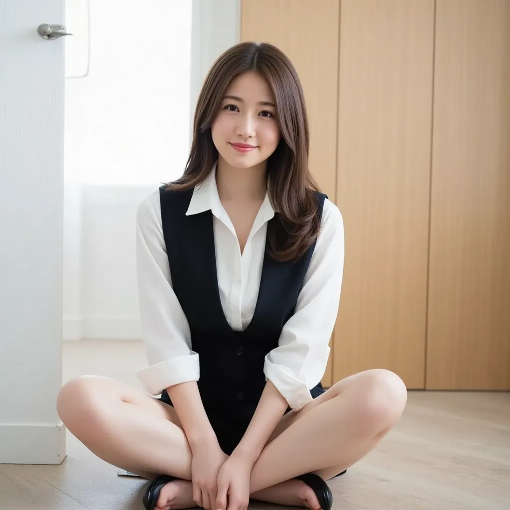 (RAW photo:1.2), (realistic), (Genuine:1.4), １、Completely-Wide、4、camera、 beautiful Japanese woman, alone, 1,  wet supermodel in her 20s,  with two beautiful legs visible, Japanese-aged , (smile),   body is slightly plump , (brown hair,  straight hair that ...