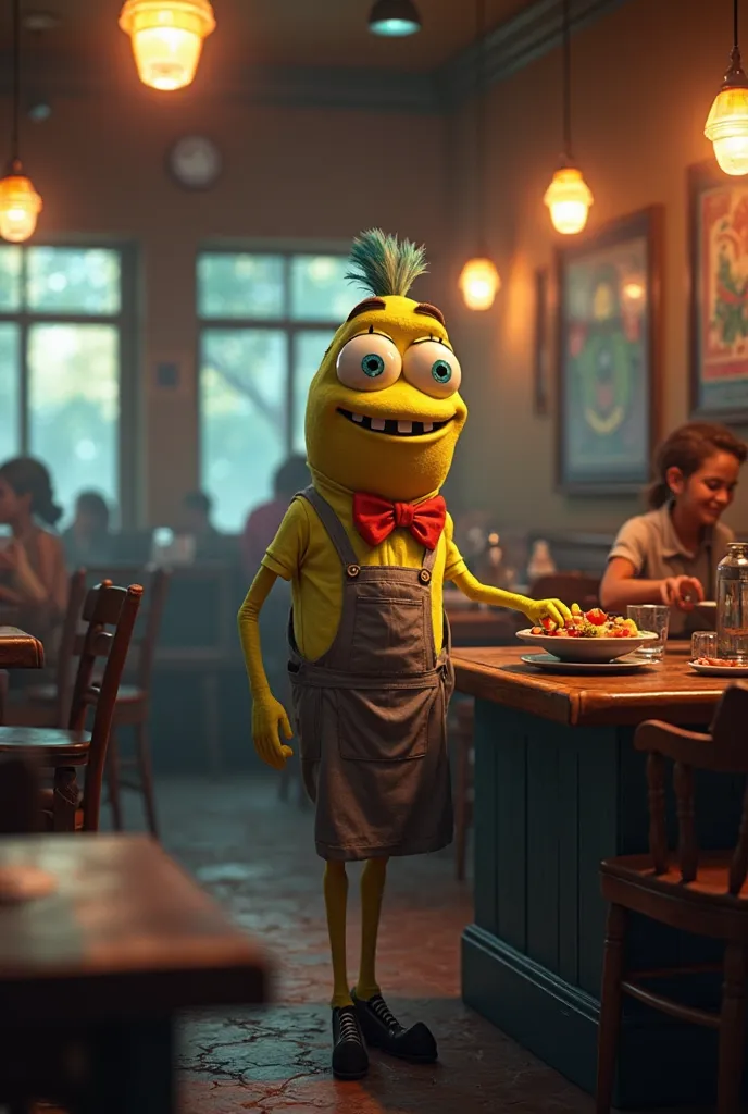 Make an image of a SpongeBob fish waiter in dim light 