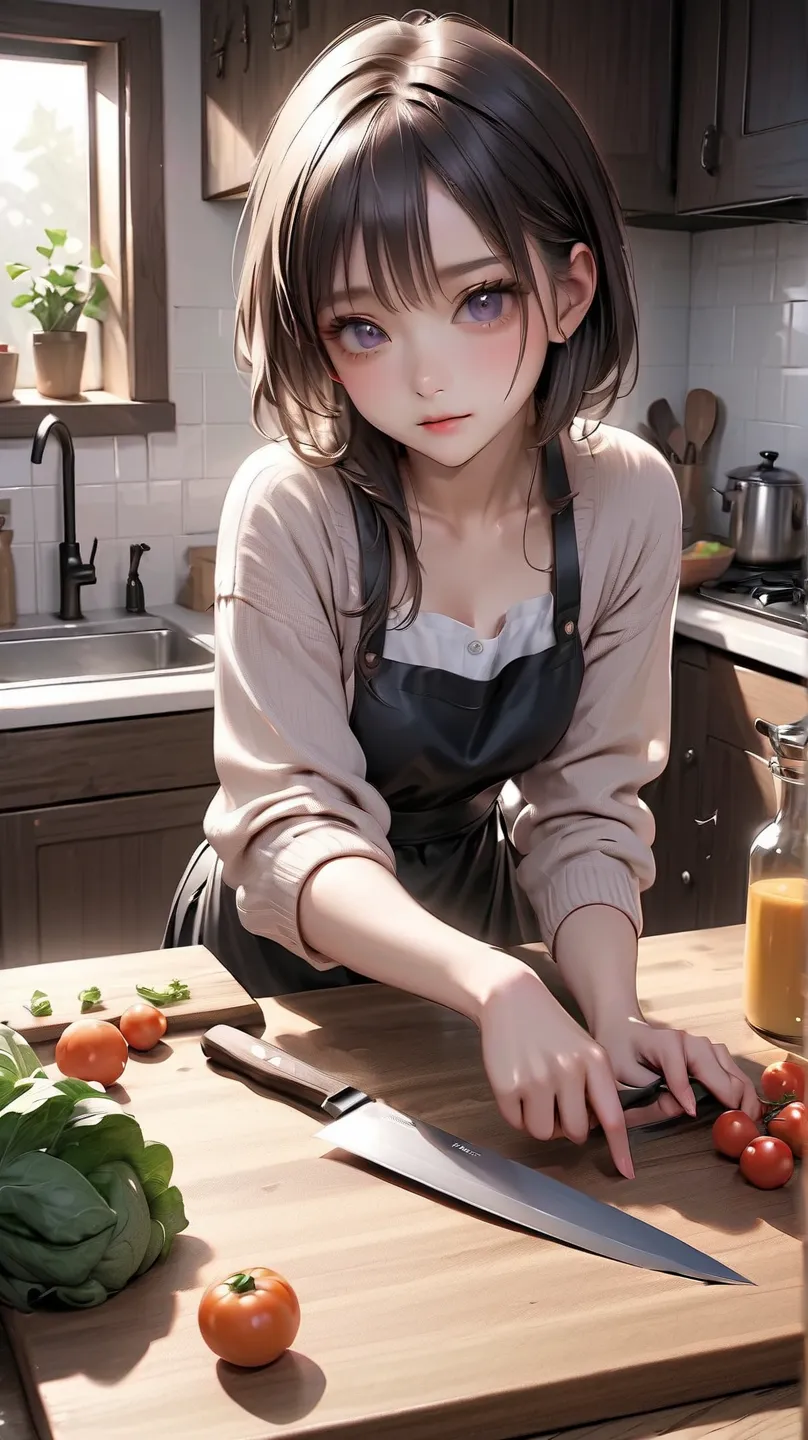 real、 Hair、cute girls、(highest quality), 4K, High Resolution, masterpiece)、  ( small face:1.8, ),  beautiful eyes、Delicate eyebrows, Delicate Lashes, Slim System、cardigan、、apron、kitchen、Vegetables on a cutting board、I have a knife、high image quality、highes...