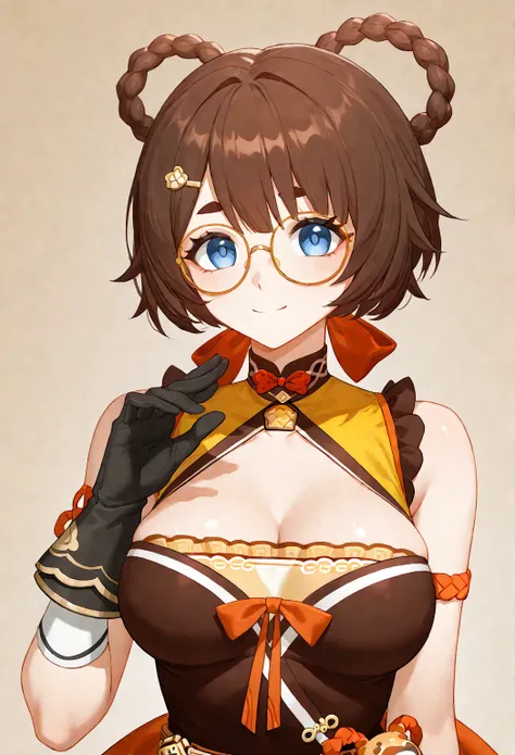 Anime cute young Woman with brown hair, with blue eyes, with glasses, in genshin impact xiangling’s clothes, with full gloves, with very large chest, top body portrait