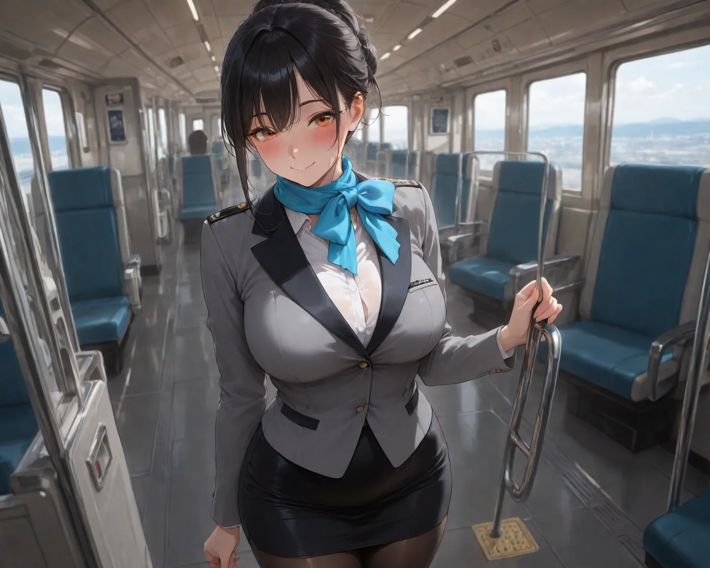 (((solo))),  in airplane, standing, very cute face, cute girl, a bun hair, black hair, bangs, orange eyes, blush, large breasts, blush, curvy beauty, flight attendant costume,   light blue scarf bow around the neck, grey jacket, white shirt, black skirt, t...