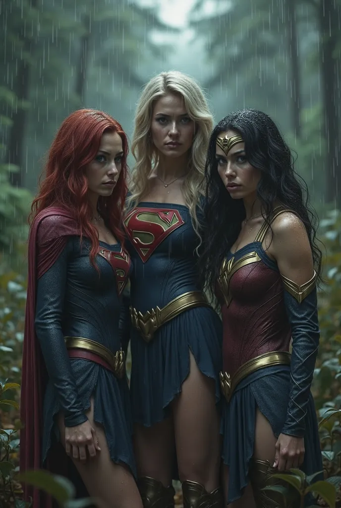 Scarlet Witch , Supergirl and Wonder Woman, They are very cold and in a forest with a lot of rain while they cry