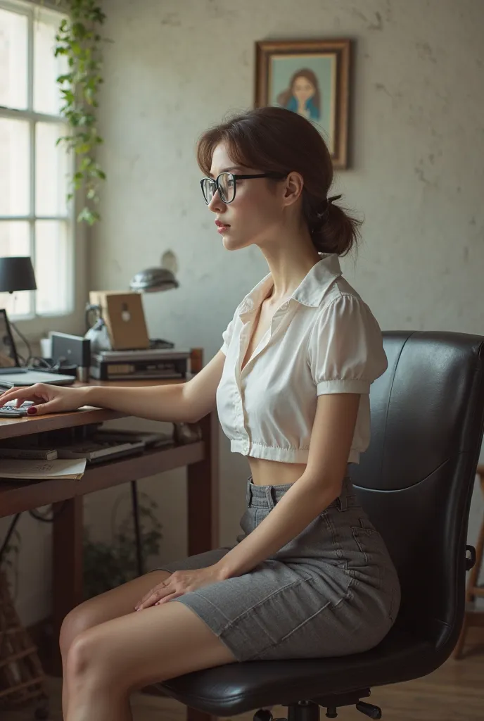 (masterpiece), pale Caucasian shiny skinned secretary, brown hair, glasses, bony, slender, tenuous, white cropped blouse, short gray skirt, open-toe mules with block heels, sitting at a desk in the office, seen from the side 