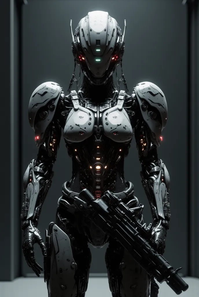 Девушка офицер  in massive black and matt high-tech armor and exoskeleton(with rare red diodes),  Their helmet is designed in a high-tech style with a protective thin green visor and built-in infrared sensors and pointed ears, they are holding a massive la...