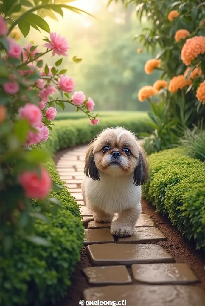 Crate an ai image with an Shihtzu dog in garden