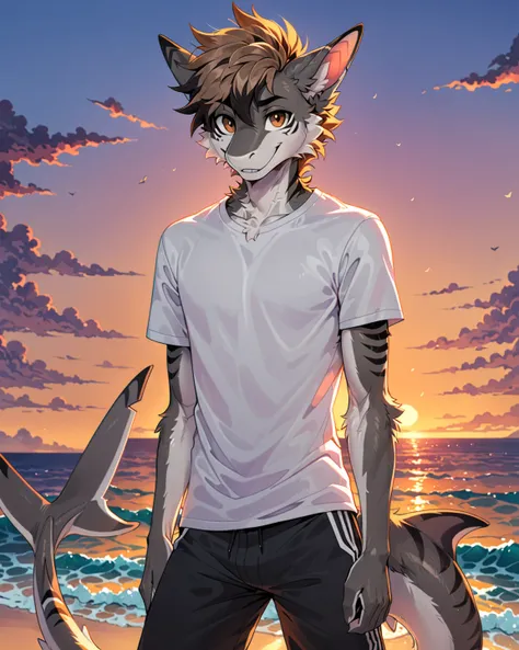 furred shark, furry, male, deadpan look, gray fur with black markings, hazel eyes, white shirt with dark gray sweats, illustration, masterpiece, ultra-detailed, impressionstic:colorful, hazel eyes, anime and cartoony artstyle, male anatomy, furred shark fa...