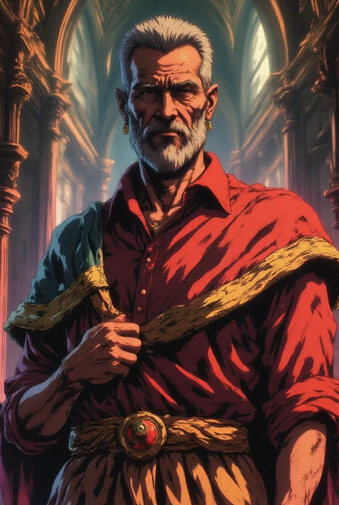 A 50-year-old man with a beard for having short gray hair brushed back with a red shirt with gold earrings and with an Indian scarf tied around his waist in a cathedral 