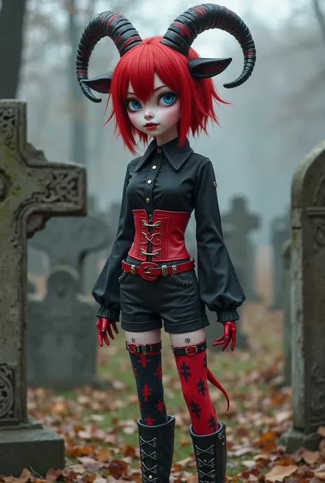 Feminine male, short about 5,2 inches tall. Standing in a cemetery, red hair that reaches his thighs. Goat ears and tail no actual goat no human ears. Blue right eye and white left eye, wearing a black button up with a red corset, black shorts 2 belts that...