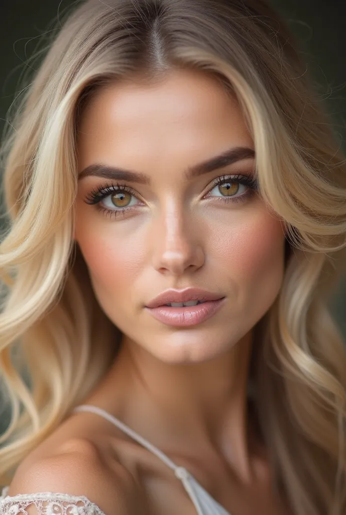 Creation of a super realistic image focused on the face of a blonde woman, with brown eyes and stunning hair. The image must capture all the beauty, elegance and softness of feminine features, highlighting the well-done makeup and realistic details of the ...