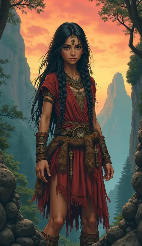 Retro style. On the cover of the book: fantasy, magic, red and blue shades, The ancient world, the primitive world, a girl with long black hair braided, Persian appearance, dressed in animal skins, forest, mountain landscape on the background.