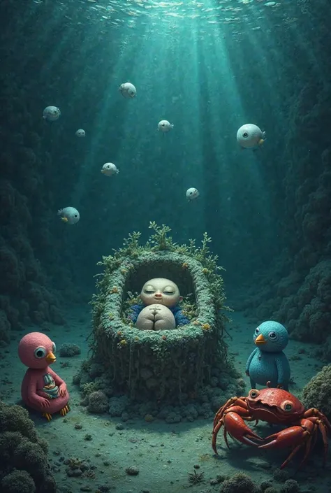 "Une scène sous-marine sombre et émotive dans un cimetière aquatique. Au centre, une tombe en pierre recouverte d’algues et de coraux. À l'intérieur, un personnage ressemblant à une éponge anthropomorphique repose, les yeux fermés, avec une expression pais...