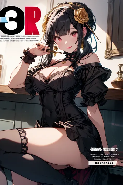 (small breasts:1.3), (perky chest:1.3), (pointed chest:1.2), (lolita fashion magazine cover:1.3),(from side:0.9),masterpiece, 1girl, Amazing Cleavage:1.2, thin waist, big ass, Raised sexy, small breast: 1.3, posed cleavage:1.2、(from below:1.2, best quality...