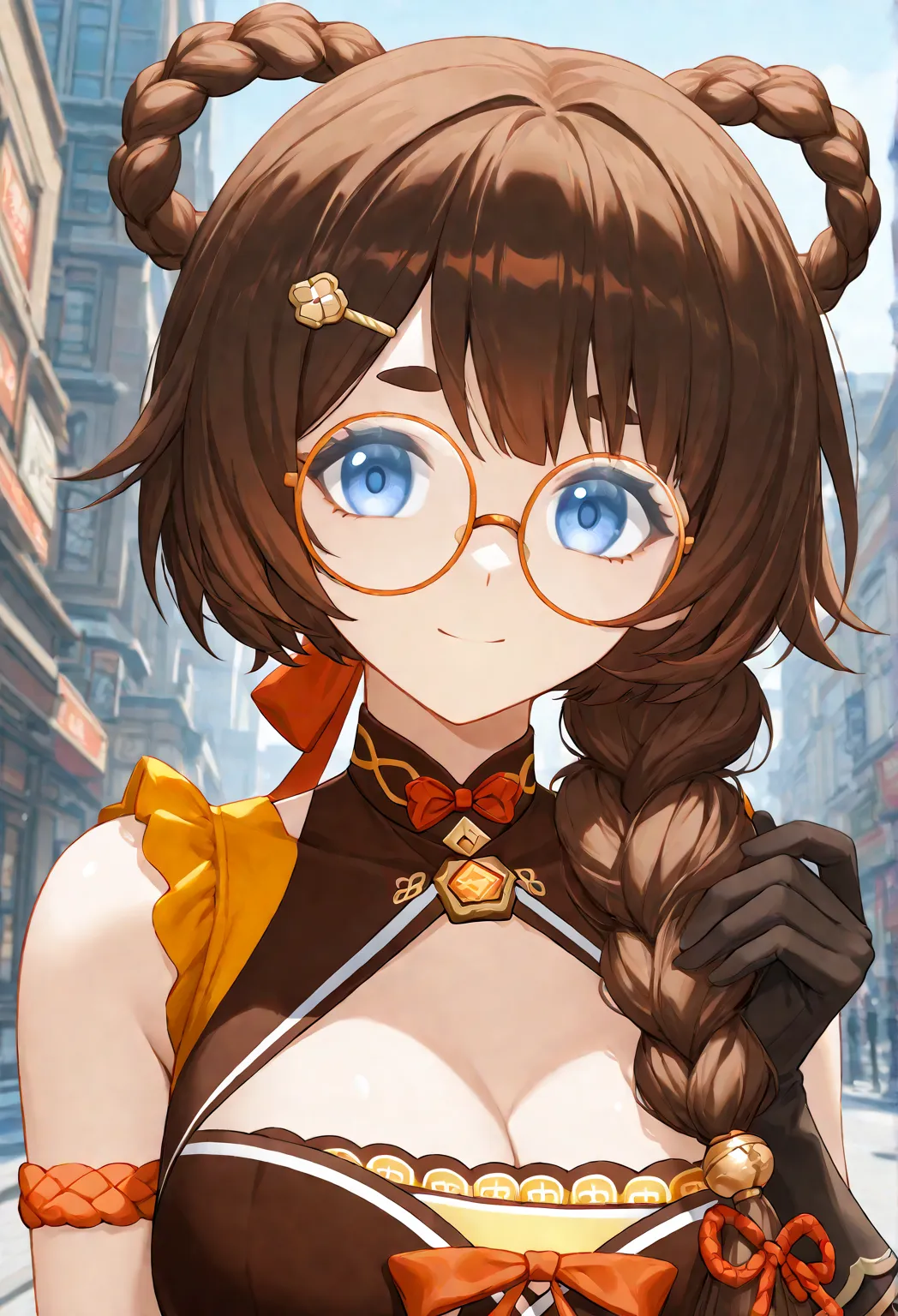 Anime cute young Woman with brown hair in a short braided ponytail over shoulder, with blue eyes, with glasses, in genshin impact xiangling’s clothes, with full gloves, with very large chest, top body portrait, in a city background