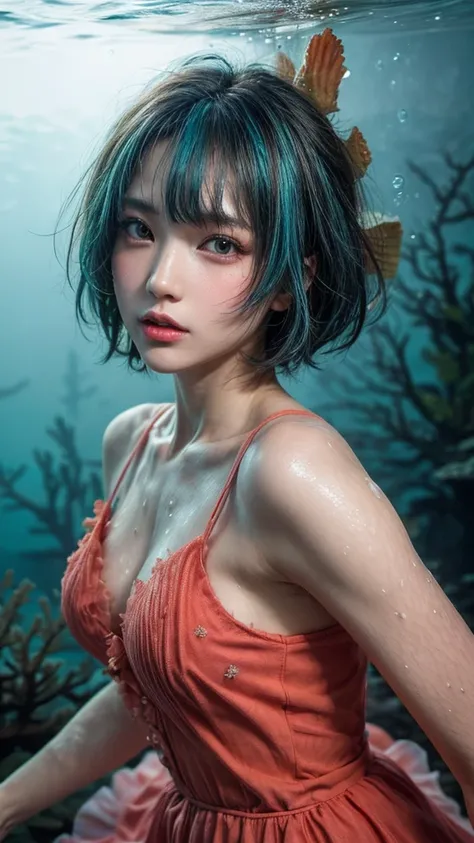 ( bob cut hair, beautiful, shiny light blue hair:1.2),( Checkpoint ,  wearing a pink nightdress :1.2),1 girl,Japanese,21 years old,(small breasts:1.3),(highest quality,masterpiece:1.3,super A high resolution,),(very detailed,caustics),(Photorealistic:1.4,R...