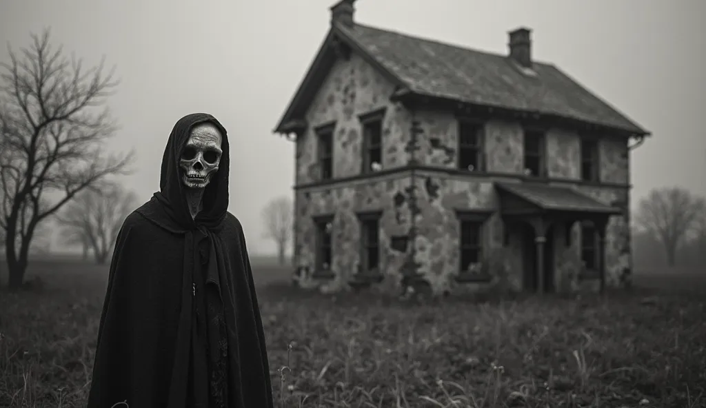 Creates a macabre scene in shades of black and white, where an old abandoned house, with cracked walls and shattered windows, stands in a desolate landscape. The atmosphere is oppressive and full of despair, accented by distorted shadows that swirl and spe...