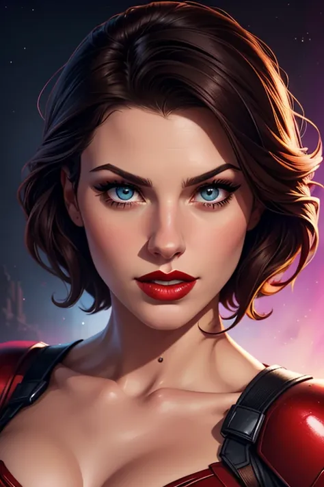 A waist-up portrait of a beautiful female whose face combines features of Ruby Rose + Melissa Benoist. The female has lovely makeup on her face. The female wears red lipstick. Glamour photography aesthetic. Comic-style realism animation mixed with digital ...