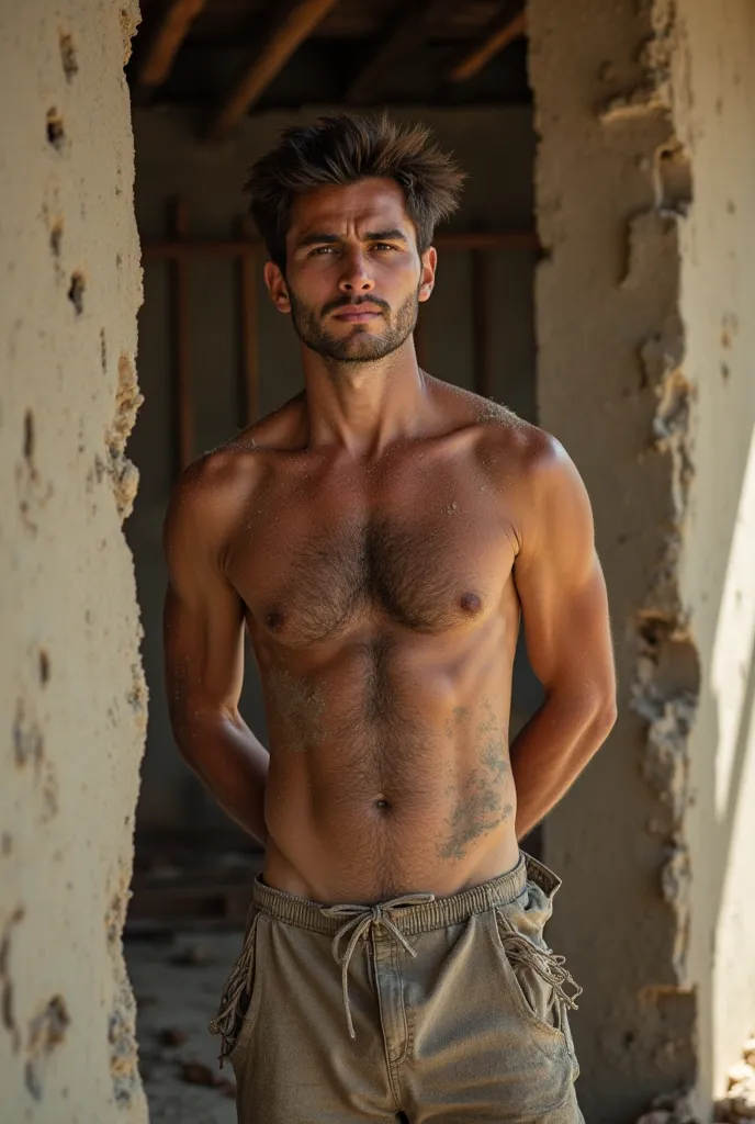 "Man working on a construction site in the interior of Brazil, all dirty, torn pants, no shirt, with hair on his body, by the abdominals, weathered, exhausted, toiling in the sweltering heat, rugged, sun-kissed skin glistening with sweat, pants torn and fr...